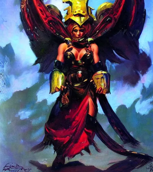 Image similar to portrait of strong iranian female chaos angel, beautiful! coherent! by frank frazetta, by brom, strong line, vivid neon color, shining metal power armor, iron helm, high contrast, maximalist