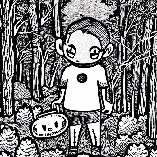 Prompt: mcbess illustration of a little boy with a backpack in a forest