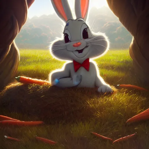 Image similar to cinematic view of bugs bunny from cartoons eating a carrot digital painting, artstation, concept art, soft light, hdri, smooth, sharp focus, illustration, fantasy, intricate, elegant, highly detailed, D&D, matte painting, in the style of Greg Rutkowski and Alphonse Mucha and artemisia, 8k, highly detailed, jurgens, rutkowski, bouguereau, pastoral, rustic, georgic