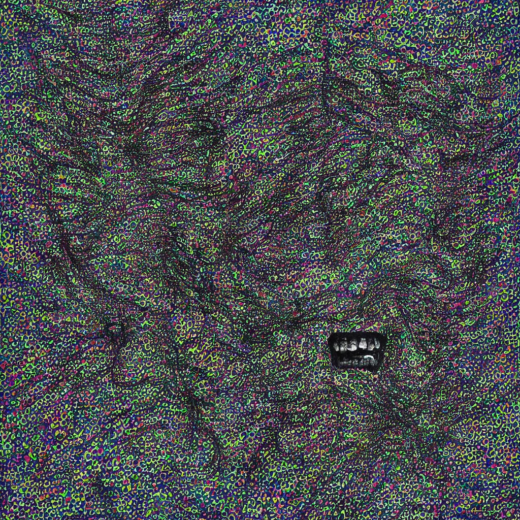 Image similar to camo made of out teeth, smiling, abstract, maya bloch artwork, do hoang tuong artwork, cryptic, dots, stipple, lines, splotch, concrete, color tearing, uranium, neon, pitch bending, faceless people, dark, ominous, eerie, minimal, points, technical, painting