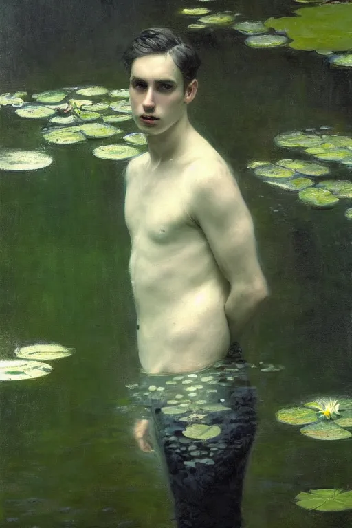 Image similar to detailed cinematic moody colors studio portrait of a young victorian gentleman in a beautiful victorian water pond, water lilies, high quality by jeremy mann, only one head single portrait