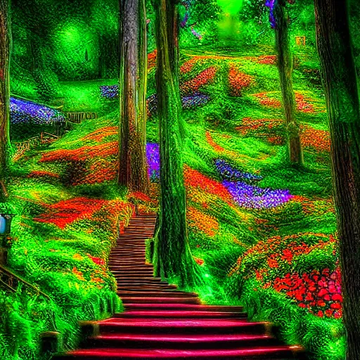 Prompt: Magic Fantasy Art Scape Beautiful Colorful Vibrant Depth of field Winding Stairs Leading up Fairy Tree House covered in flowers and fireflies twinkling in the dusk Cinematic Epic View HDR