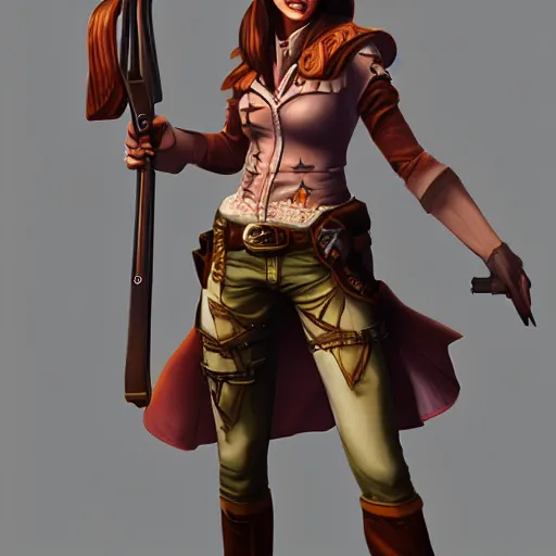 Image similar to full body, female cowgirl, perfect face, long rifle, 8 k, magic the gathering, d & d, artstation