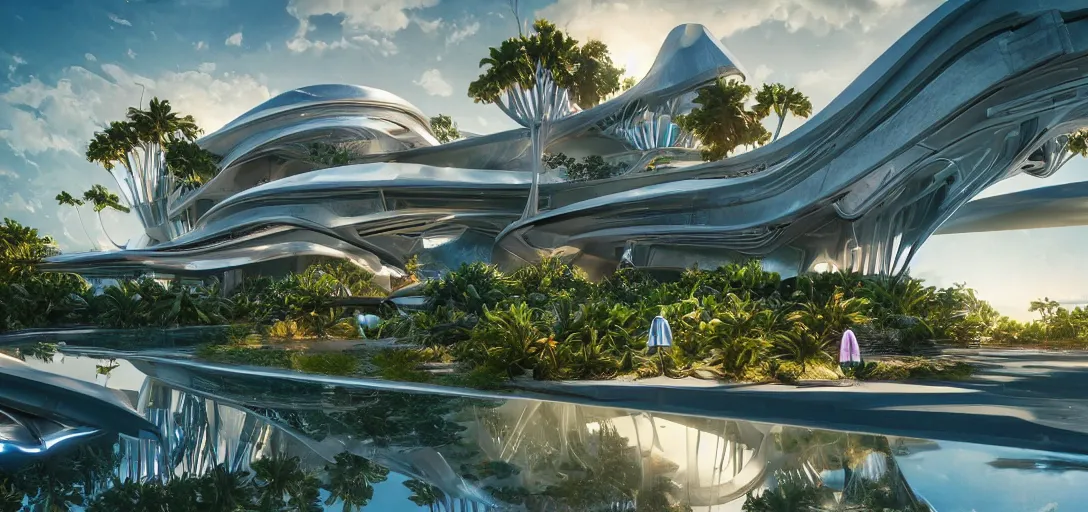 Prompt: highly detailed futuristic architecture by Frank Lloyd Wright and Zaha Hadid, reflective lighting, vegetation, holographic signs, ground-level view, puddles of turquoise water, stunning sunny lighting, sunrise, vivid colors, in the style of pixar animation, trending on Artstation, 8k, matte painting, ray tracing, hyper detailed, unreal engine 5, cinematic, epic lighting, cryengine, octane render, cyberpunk, red and orange glow, vibrant