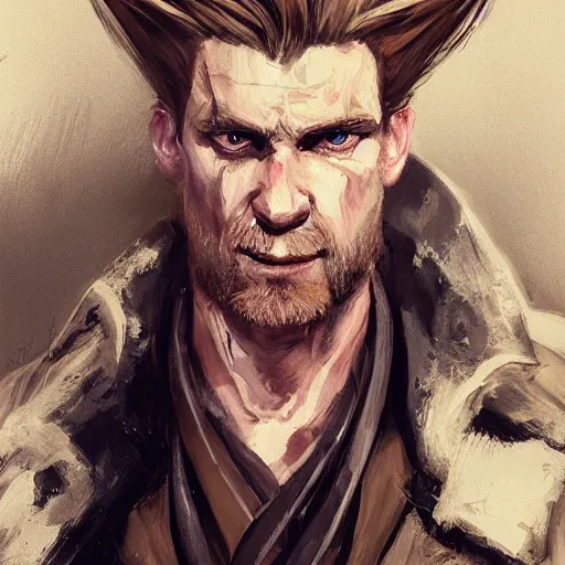 Image similar to portrait of a muscular, grim, ponytail haired blonde man in his late 30's, wearing a thick brown leather coat, looking to his side, scarred face, some beard, blue eyes, hunter, DnD character, fantasy character, digital art by Ruan Jia, Krenz Cushart, Rossdraws and Boris Vallejo