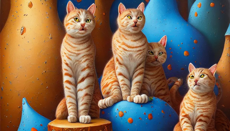 Image similar to highly detailed contemporary acrylic painting of really tall sitting cats by justin gerard, thick brush strokes and visible paint layers, vivid multicolor scheme