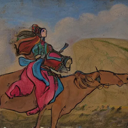 Image similar to The mixed mediart shows the heroine riding on a magnificent red horse. She is clad in a traditional Russian folk costume, complete with a brightly-colored headscarf. Her face is pale and beautiful, with a look of resolve in her eyes. Behind her, the horse's hooves churn up the earth as they gallop across the countryside. In the distance, the dark forest looms, its trees reaching up into the sky. scientific diagram by Jack Davis, by Zinaida Serebriakova amorphous