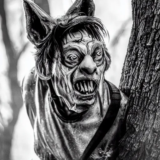 Image similar to under the full silver moon jim varney transforms into a werewolf and hungry for feeding with sharp teeth and claws in the forest full hd stunning creepy photograph