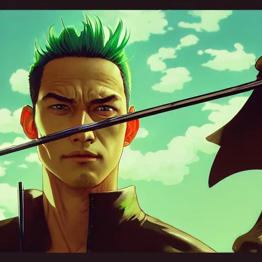 Image similar to highly detailed vfx portrait of roronoa zoro, stephen bliss, green hair, loish, rhads, beeple, makoto shinkai, tom bagshaw, alphonse mucha, sharp focus, art by artgerm and greg rutkowski, stanley kubrick, backlit, harsh overhead sunlight,