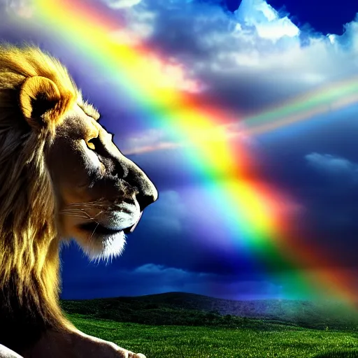 Image similar to coherent 8 k photorealistic close up shot of a albino lion overlooking a heavenly blissful landscape with a large luminous rainbow overarching the landscape behind the lion in the sun showery sky