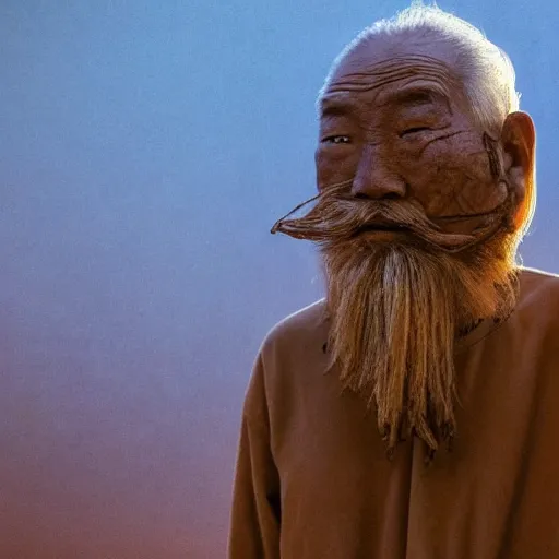 Image similar to full body shot of floating old asian man with long beard, his head covered in roots, full face occult silver mask, glowing eyes, wearing a large carved wooden fractal stick, smoke around him, in the burning soil desert, cinematic shot, wide angle, desert background, dry volumetric lighting by Denis Villeneuve, Lubezki, Gaspar Noe Christopher Doyle and Alejandro Jodorowsky, anamorphic lens, anamorphic lens flares, kodakchrome, cinematic composition, practical effects, award winning photo, 8k