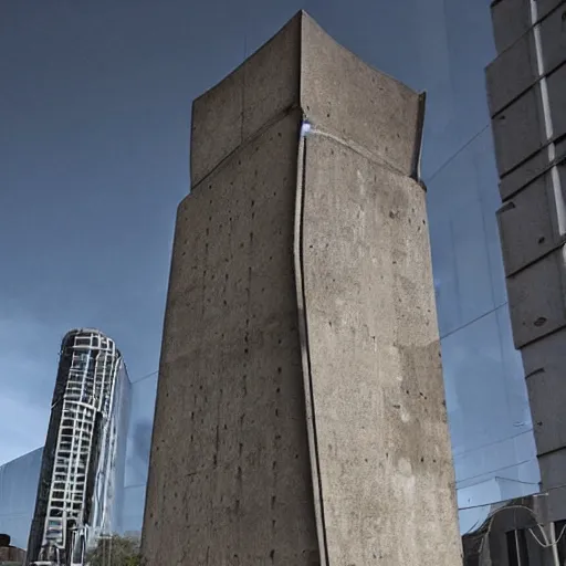 Prompt: a giant brutalist wizard tower built in brutalist architecture, diverse unique building geometry full of shapes and corners, with a narrower base than the top of the tower