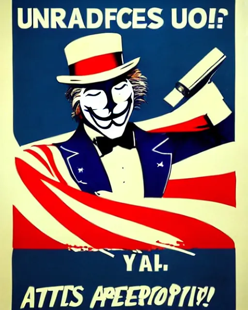 Prompt: anonymous as uncle sam propaganda poster art in the year 1 9 8 7, ultra realistic concept art intricate detail