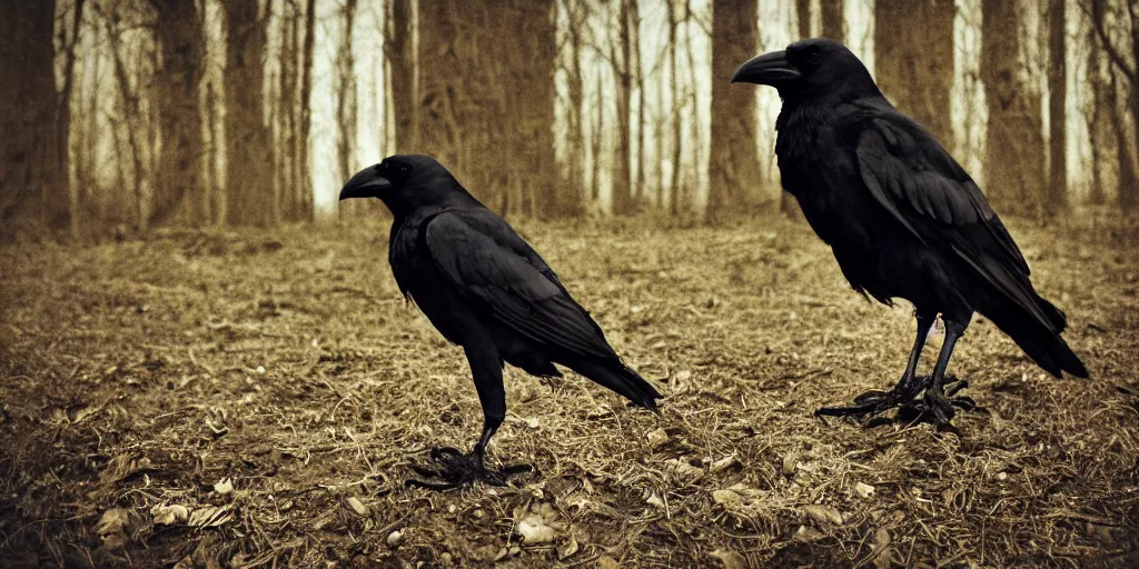 Prompt: mixture between an crow and!!!! human, photograph captured in a dark forest