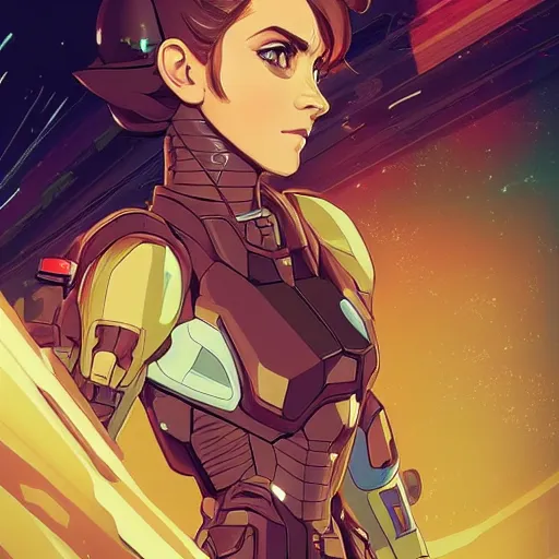 Image similar to a portrait of a stunning beautiful elite emma watson gundam pilot, with an intricate, detailed, urban inspired hiphop afro futuristic helmet, vector behance hd jesper ejsing, rhads, makoto shinkai, lois van baarle, ilya kuvshinov, rossdraws, hd, 3 2 k, ilya kuvshinov, gustav klimt