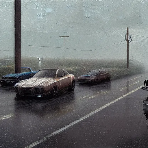 Prompt: a picture of a bunch of cars in the rain, a digital painting by scott listfield, cgsociety, sots art, apocalypse art, dystopian art, concept art