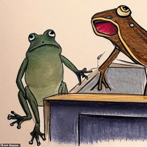 Image similar to a courtroom sketch of an angry frog pointing at alex jones on the stand