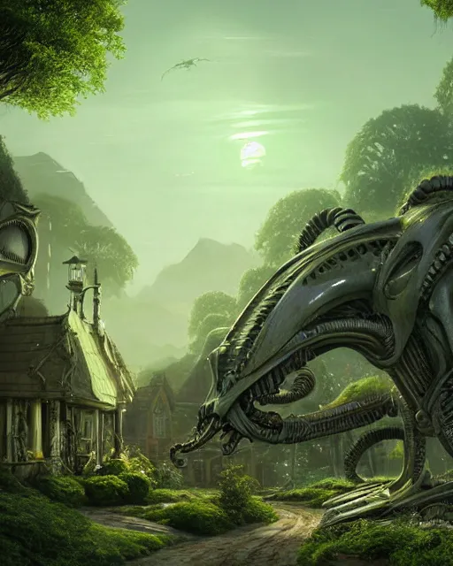 Image similar to xenomorph taxi car in a fantasy village, calming, uplifting mood, ultra realistic, farm, small buildings, highly detailed, atmosphere, masterpiece, epic lighting, elves, green plants, magic, illuminated, 4 k, cinematic, morning sun, art by eddie mendoza, sylvain sarrailh