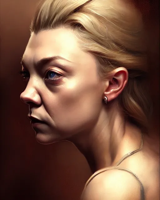 Prompt: natalie dormer, character portrait, portrait, close up, concept art, intricate details, highly detailed by greg rutkowski, michael whelan