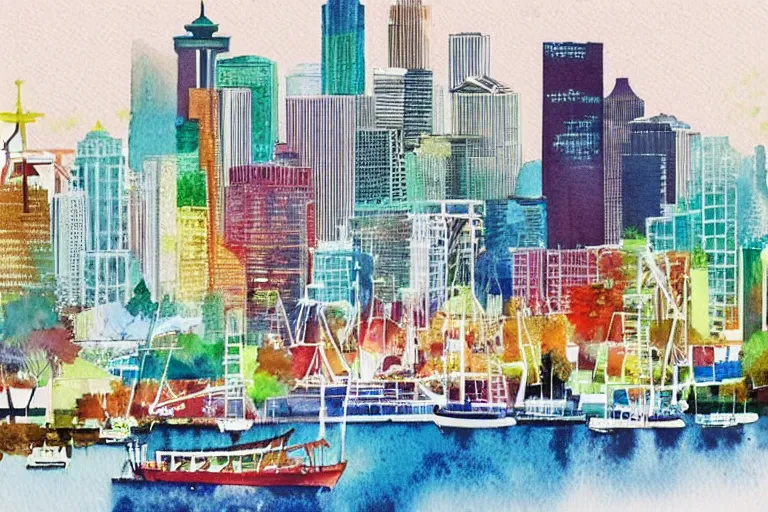 Image similar to !! watercolor!! seattle in a sunny day, artwork by tooth wu, colorful contrast,!!!! very coherent!!!!, dark shadow, thick lineart