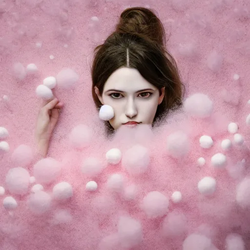 Image similar to portrait of a cute girl with soft pink and white cotton fluffy balls floating in image, fashion photography, highly detailed, digital photography by jheronimus bosch and james jean and james rutkowski