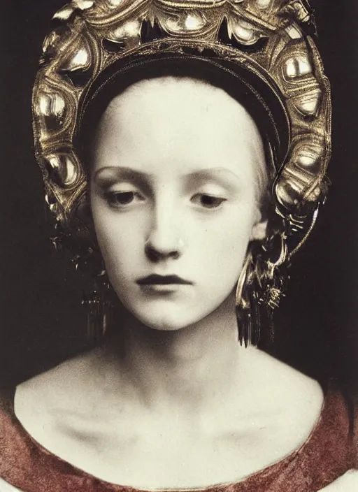 Image similar to portrait of young woman in renaissance dress and renaissance headdress, art by richard avedon