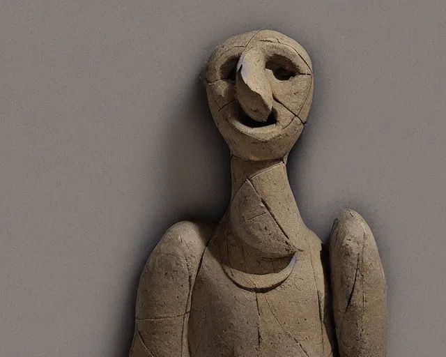 Prompt: an ancient effigy of a bird-person, clay sculpture, cubism, photograph