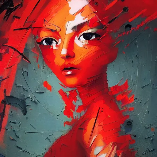 Image similar to portrait of a daydreaming melancholic latina woman in red habit being progressively rasterized into virtual pixels, she is surrounded by digital birds and a giant loving neon mecha robot is beside her, oil on canvas by yoji shinkawa, esao andrews, dave mckean and stina persson