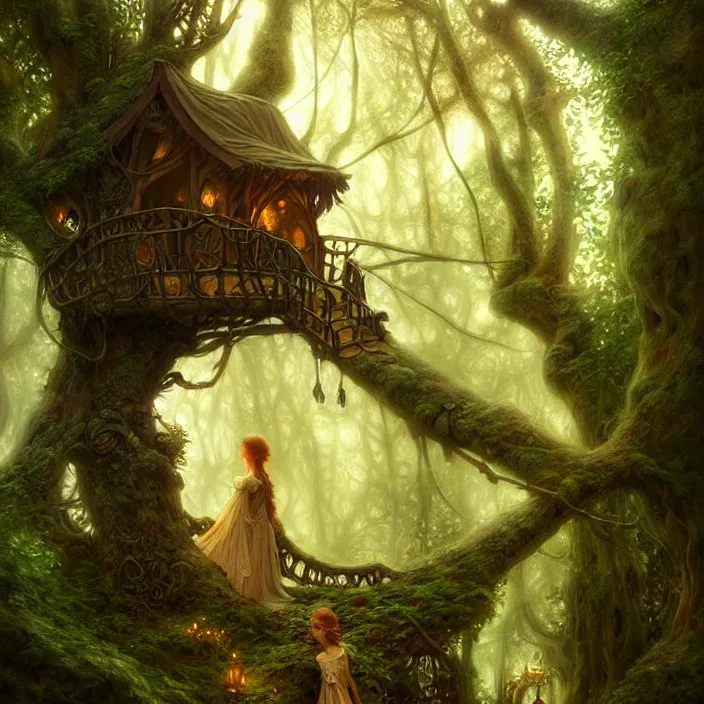 Prompt: cozy enchanted treehouse in ancient forest , diffuse lighting, fantasy, intricate, elegant, highly detailed, lifelike, photorealistic, digital painting, artstation, illustration, concept art, smooth, sharp focus, art by John Collier and Albert Aublet and Krenz Cushart and Artem Demura and Alphonse Mucha