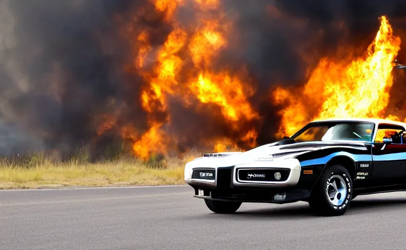 Prompt: a black 1 9 7 3 pontiac firebird trans am sd - 4 5 5 driving high speed, fire explosion in the background, action scen. realistic. high resolution. dramatic