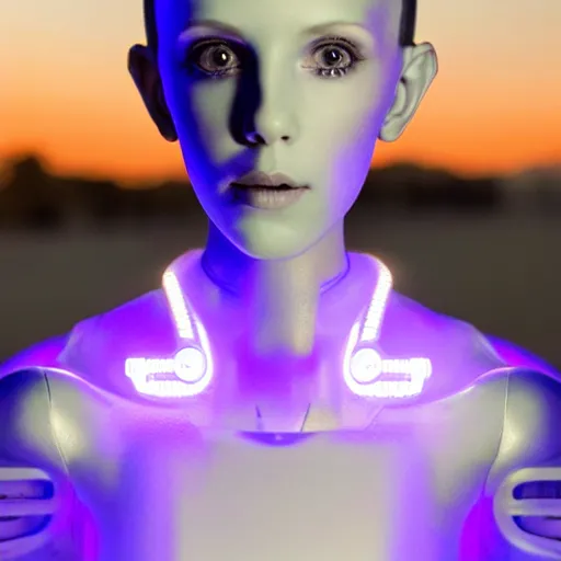Prompt: beautiful centered Fine art photo portrait of enraptured Millie Bobby Brown as a solarpunk robotic humanoid, white mechanical parts with led lights, photorealistic, white background, highly detailed and intricate, sunset lighting, HDR 8k