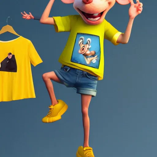 Prompt: 3 d render, portrait, upper body shot, mid shot, anthropomorphic mouse, female, wearing denim short shorts and a off yellow tank top shirt, in the style of flushed away
