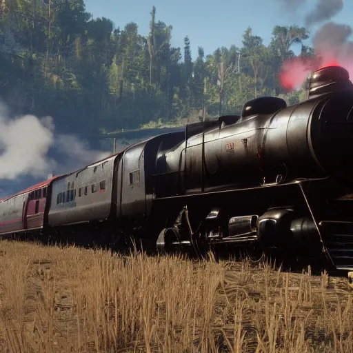 Image similar to futuristic sleek steam locomotive in red dead redemption 2