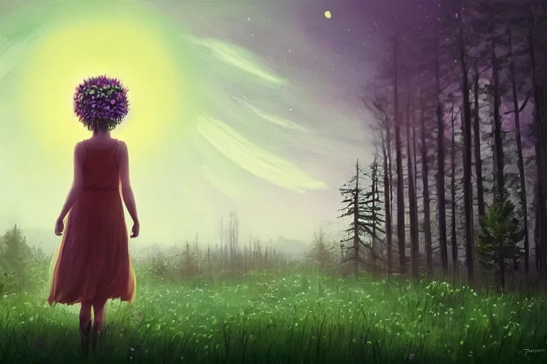 Image similar to giant daisy flower crown head, girl walking in forest, surreal photography, dark night, stars, moon light, impressionist painting, clouds, digital painting, artstation, simon stalenhag