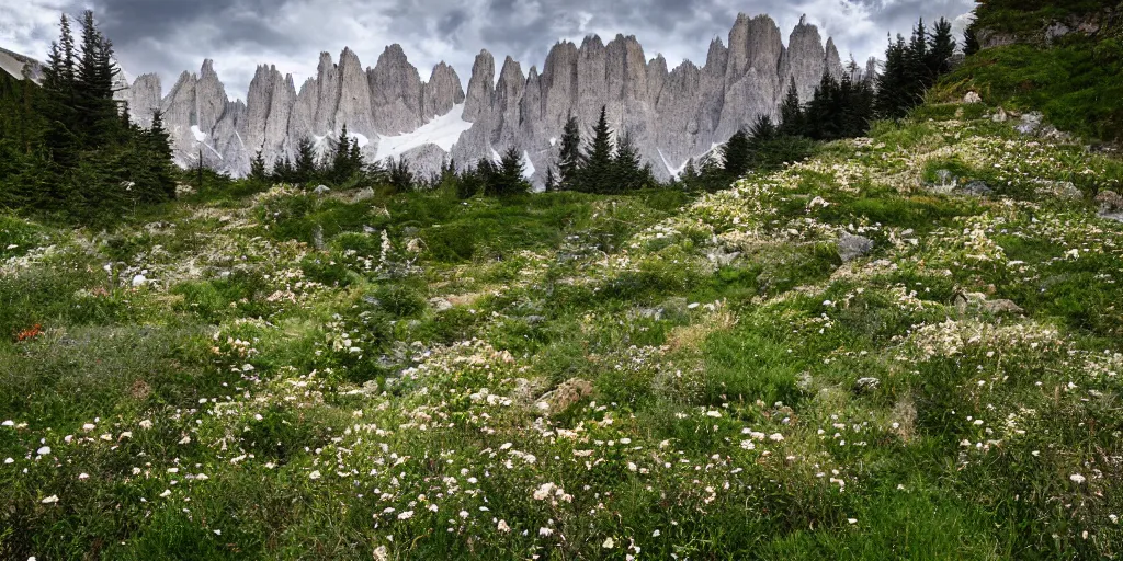 Prompt: old alpine root maze being overgrown by edelweiss, dolomites, juniper, pine tree, wicca, portrait _ photography _ artstation _ digital _ art _ adward _ winning