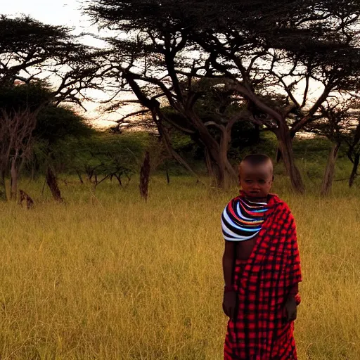 Prompt: a maasai girl standing in the savanna during a sunset