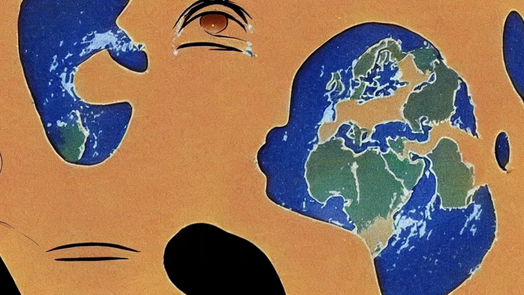 Image similar to scientific diagram of the earth as a human face, anime film still from the an anime directed by katsuhiro otomo with art direction by salvador dali, wide lens