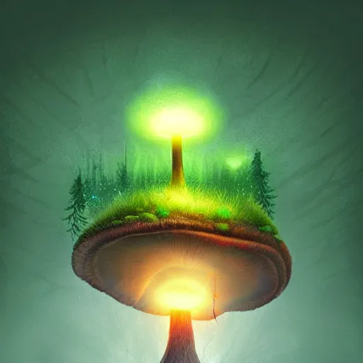 Prompt: glowing mushroom in middle of misty forest, digital art, concept art, 3 d digital art, beautiful detailed