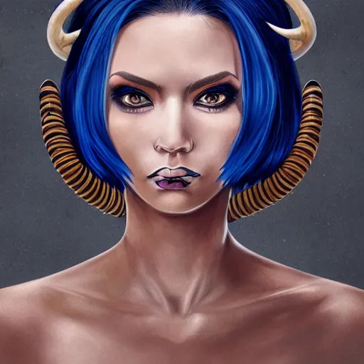 Image similar to illustrated realistic portrait of ram-horned devil woman with blue bob hairstyle and her tan colored skin and with solid black eyes wearing leather by rossdraws