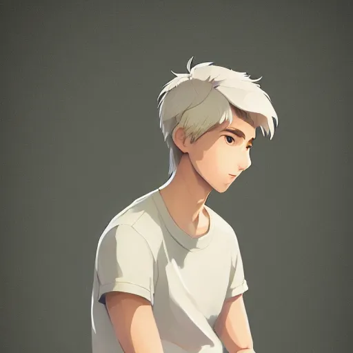Prompt: young man with short, ash blond greyish hair, light brown eyes, casual clothes, relaxing, happy, path traced, highly detailed, high quality, digital painting, by studio ghibli and sylvain sarrailh, beautiful details
