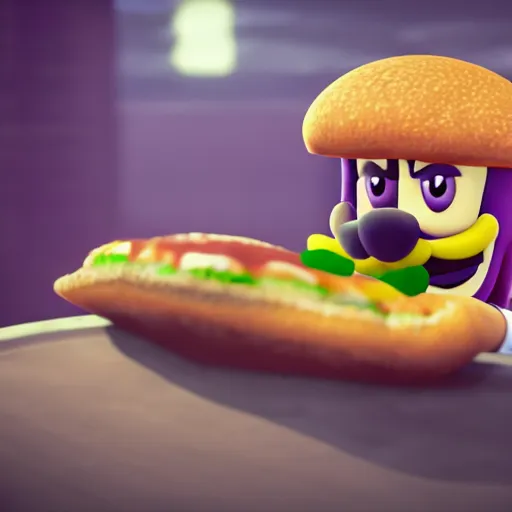 Image similar to waluigi eating hamburger, hyperrealistic, hyperdetalied, high quality, 8 k, high rendering, photorealistic, cinematic, cgsociety, artstation,