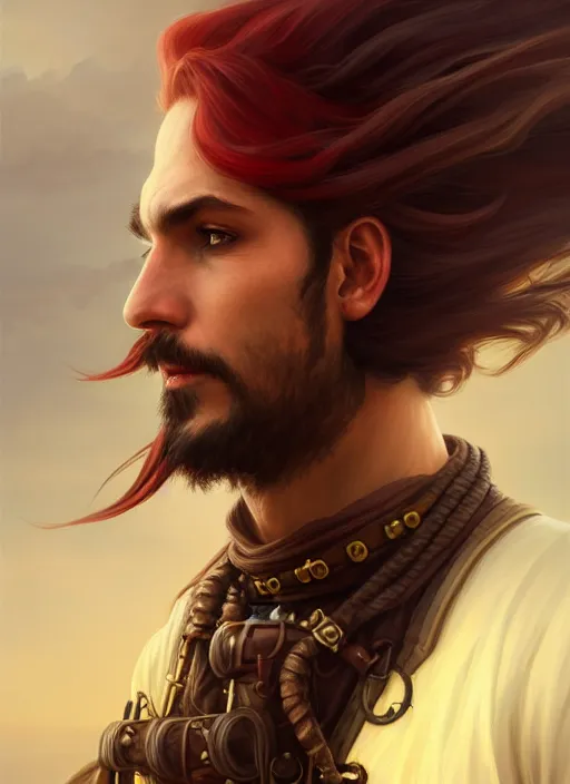 Prompt: 3/4 headshot of male airship pirate, D&D, handsome, fantasy, intricate, long hair, airship, steampunk, red hair, elegant, highly detailed, digital painting, artstation, concept art, smooth, sharp focus, illustration, art by artgerm and greg rutkowski and alphonse mucha