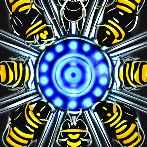 Image similar to mechanical, cybertronic bees, metallic, glowing