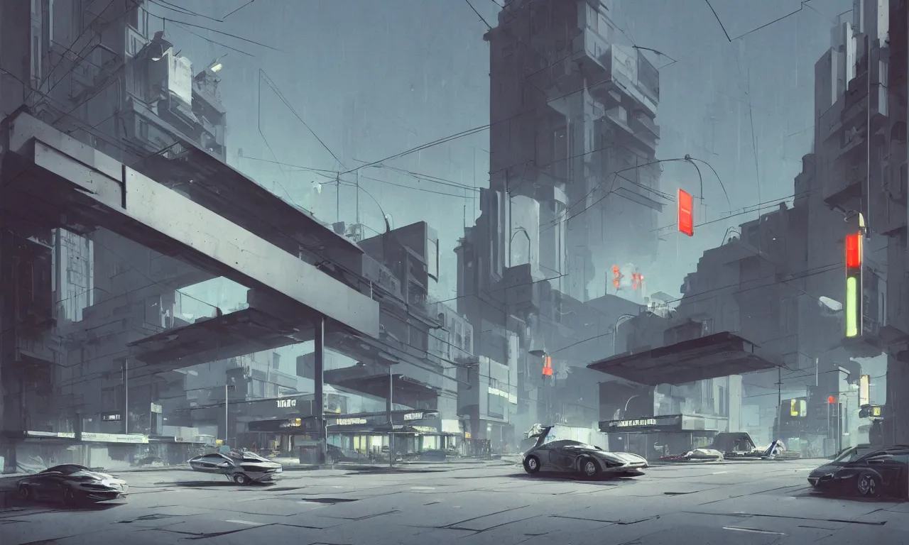 Image similar to photorealistic streetscape, simple brutalist architecture, metal, concrete, white neon lights, neon signs, flying vehicles, pedestrians, no wires, no powerlines, greg rutkowski, syd mead, ralph mcquarrie, concept art, matte painting, finely detailed, minimal artifacts, rule of thirds, dynamic lighting, cinematic, denoised, centered, artstation