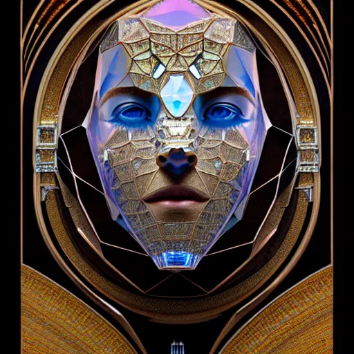 Image similar to portrait of a big crystal face made of crystals half - turn, bottom view, ominous, intricate, studio, art by anthony macbain + greg rutkowski + alphonse mucha, concept art, 4 k, sharp focus