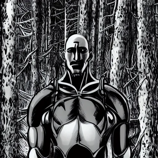 Prompt: A 15 foot tall, muscular bald hairless pale humanoid with a perfectly symmetrical face, dressed in black body armour, in the background is a dense and foggy forest of trees. Black and white colour, high contrast, comic book,