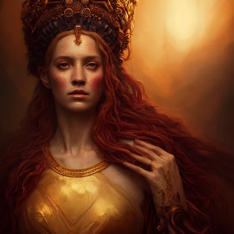 Image similar to majestic gracious regal goddess persephone portrait, ancient greece, elysium, atmospheric lighting, painted, intricate, volumetric lighting, beautiful, rich deep colours masterpiece, golden hour, sharp focus, ultra detailed, by leesha hannigan, ross tran, thierry doizon, kai carpenter, ignacio fernandez rios