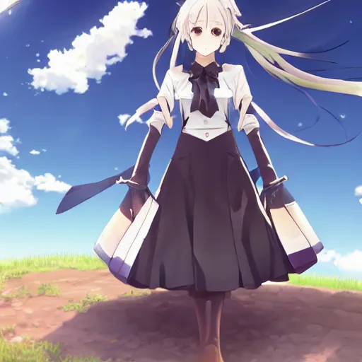 Image similar to anime, full body, arknights girl standing in the top of hill