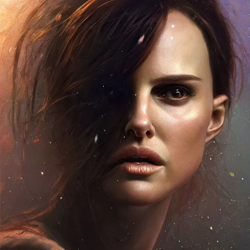 Prompt: a expressive portrait of natalie portman in dramatic lighting, depth of field background, artstation, award - winning realistic sci - fi concept art by jim burns and greg rutkowski, beksinski, a realism masterpiece, expressive color palette, james gilleard, bruegel, alphonse mucha, and yoshitaka amano