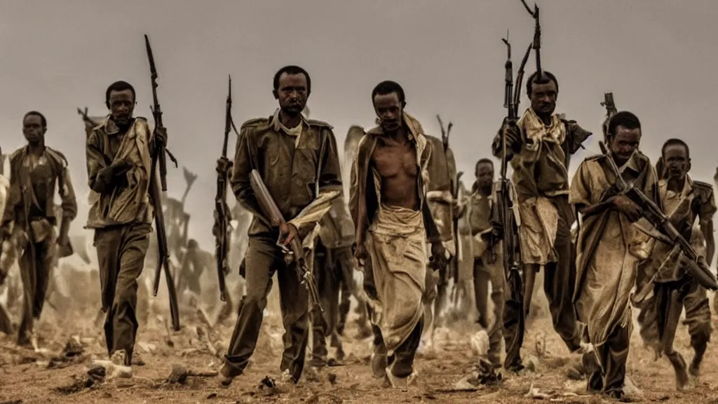 Image similar to Ethiopian civil war, moody, dark, movie scene, hd, 4k, wide shot